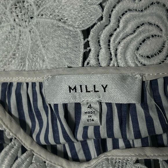 Milly Off The Shoulder Striped Trumpet Sleeve Blouse Size 4 Blue and White - Picture 6 of 7